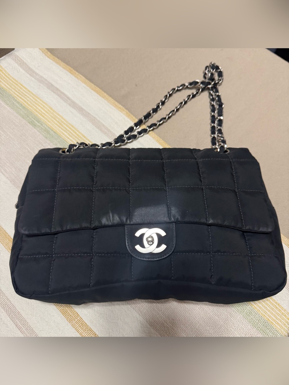 CHANEL Black Quilted Nylon Shoulder Bag with Silver Chain